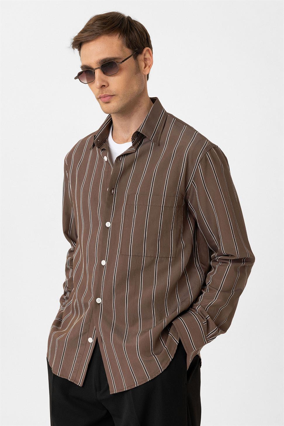 Antioch Kahve Kontrast Çizgili Erkek Gömlek
