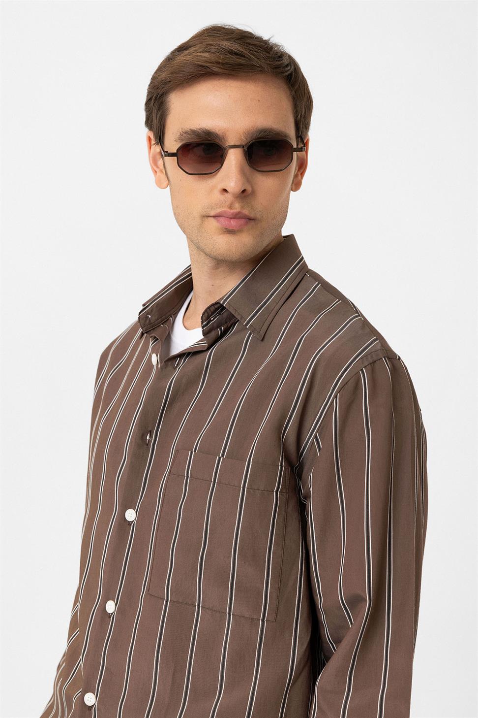 Antioch Kahve Kontrast Çizgili Erkek Gömlek
