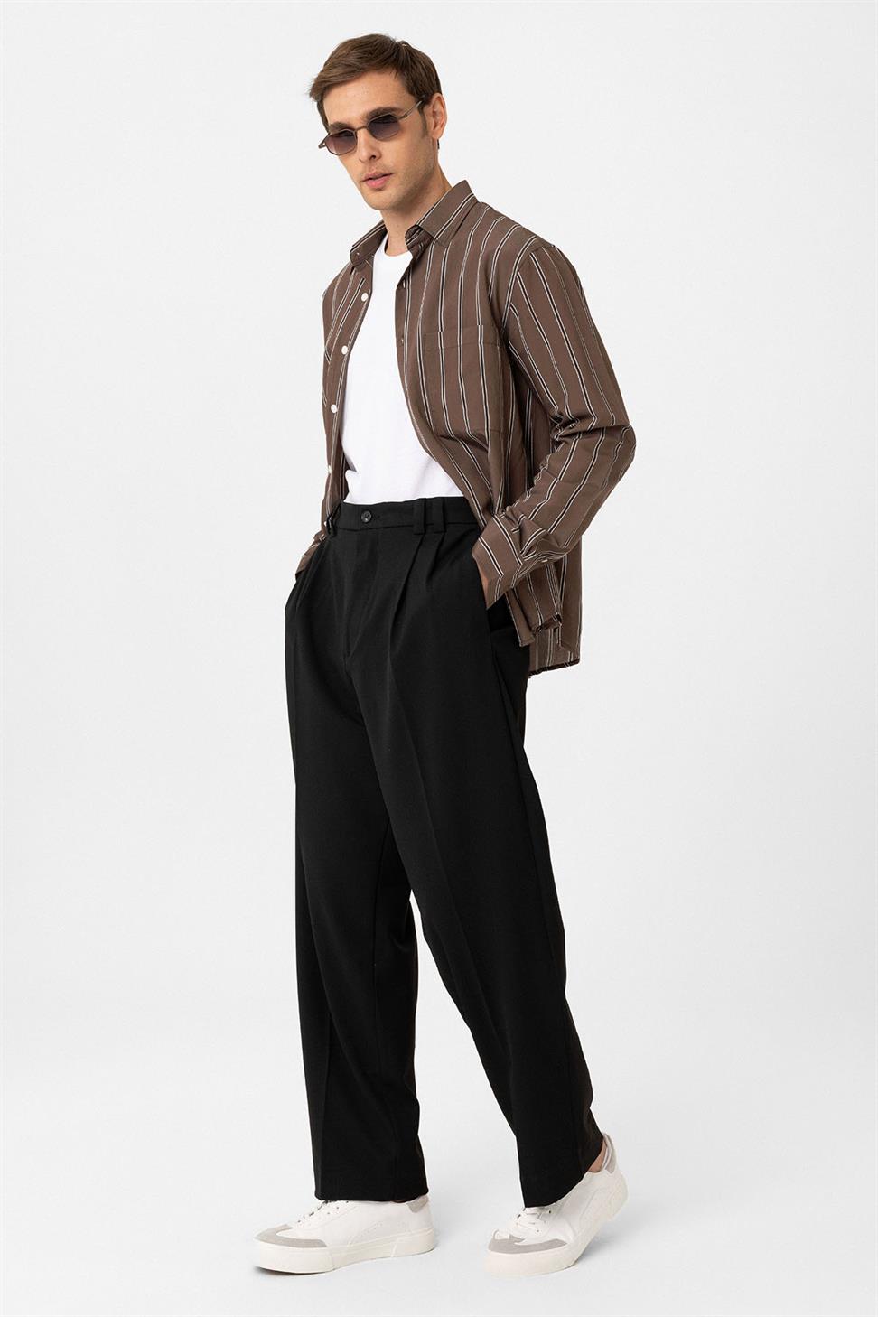 Antioch Kahve Kontrast Çizgili Erkek Gömlek