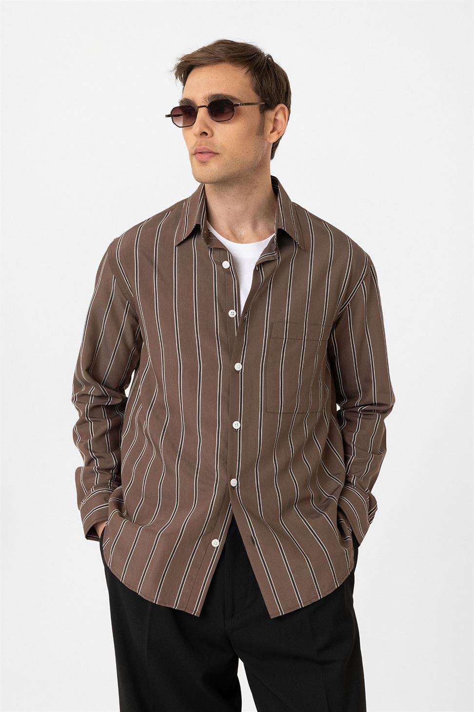 Antioch Kahve Kontrast Çizgili Erkek Gömlek