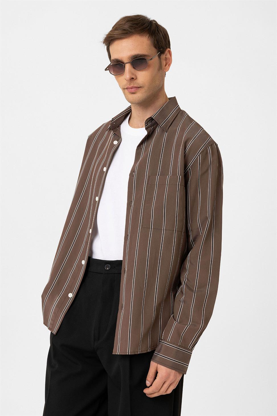 Antioch Kahve Kontrast Çizgili Erkek Gömlek