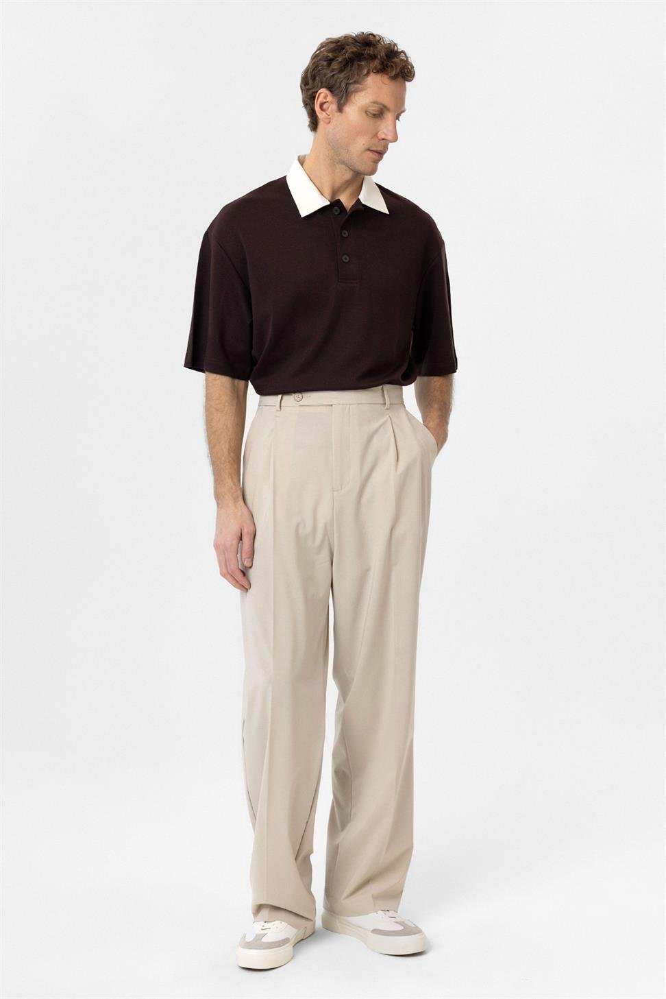 Antioch Kahve Kontrast Yaka İnterlok Dokulu Erkek T-Shirt