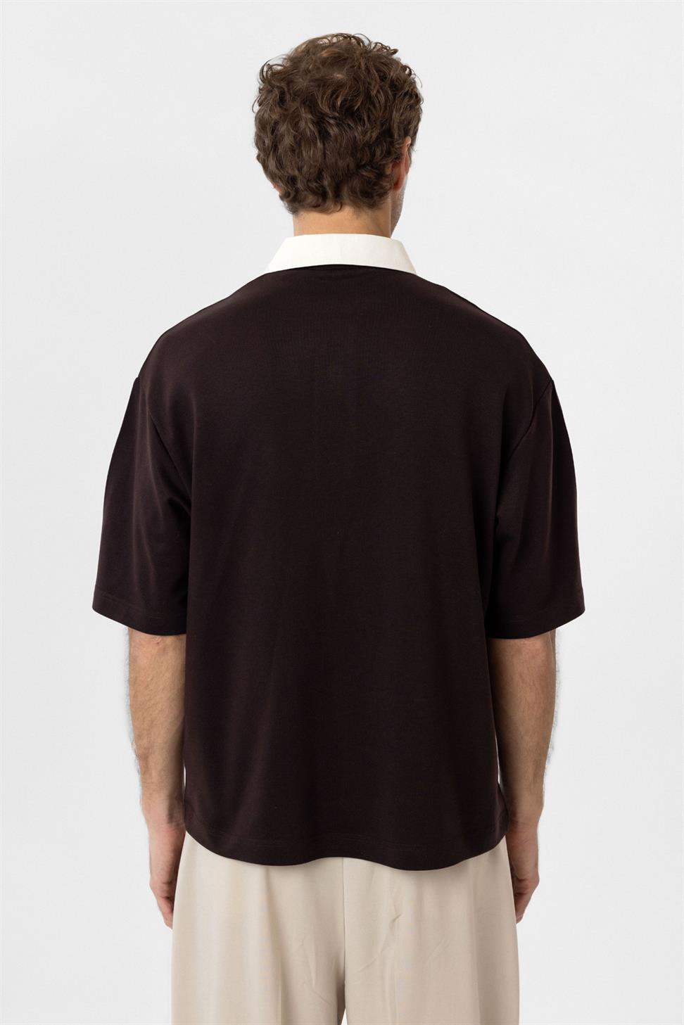 Antioch Kahve Kontrast Yaka İnterlok Dokulu Erkek T-Shirt