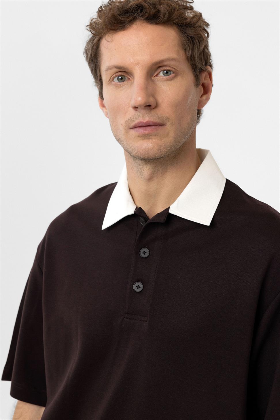 Antioch Kahve Kontrast Yaka İnterlok Dokulu Erkek T-Shirt