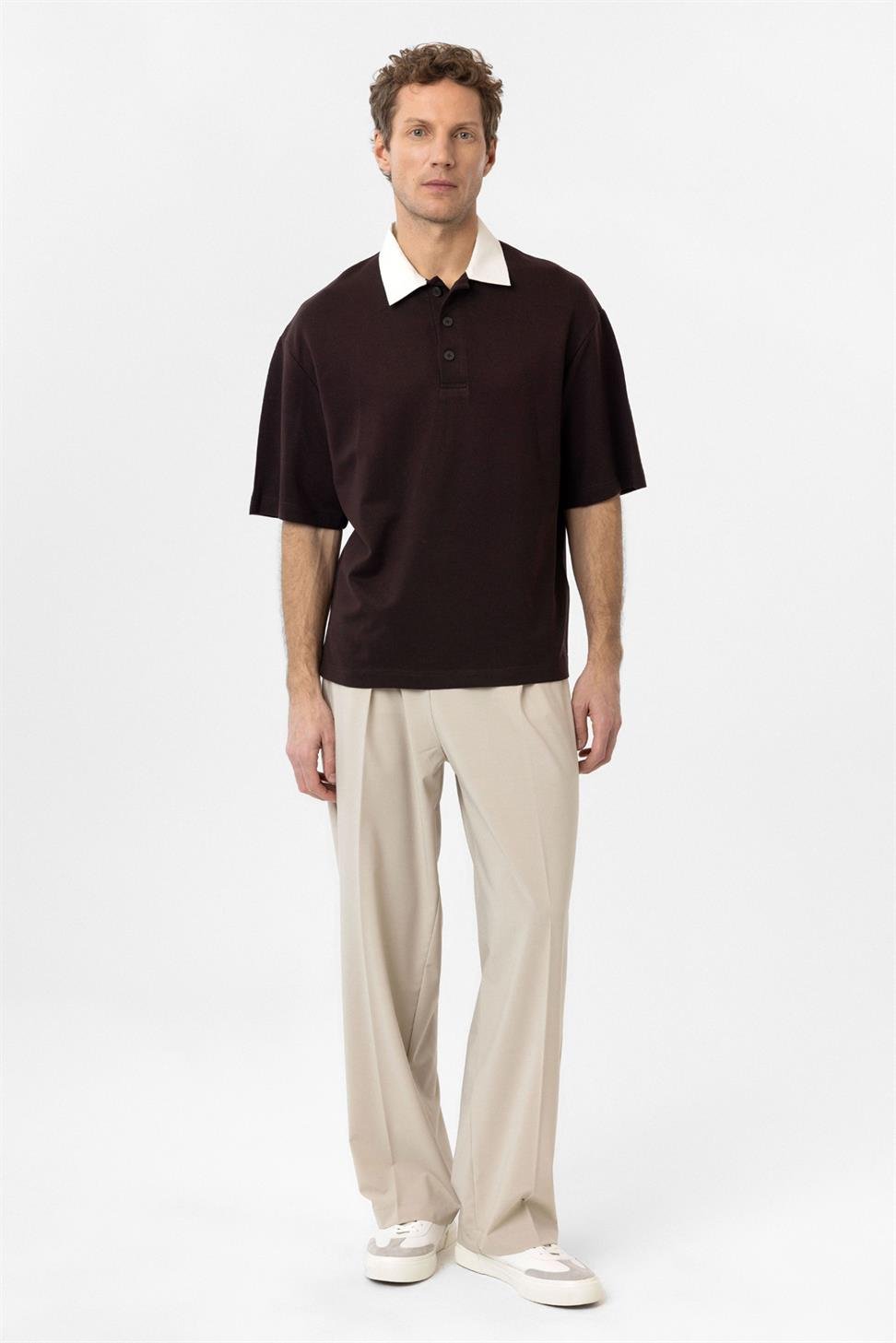 Antioch Kahve Kontrast Yaka İnterlok Dokulu Erkek T-Shirt