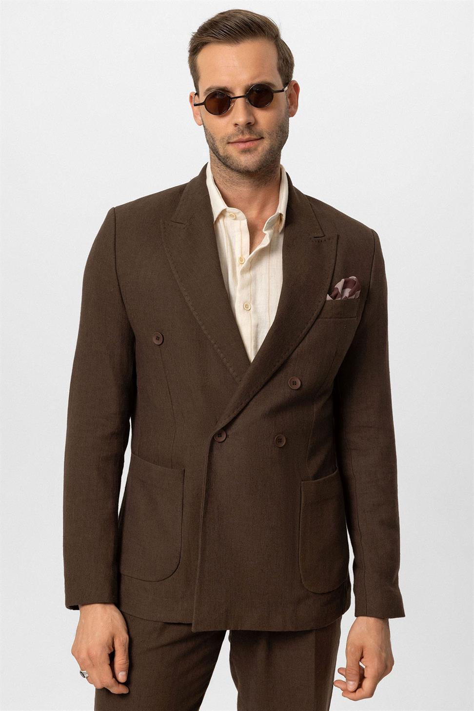 Double-breasted Closure Linen Blend Mens Blazer Jacket