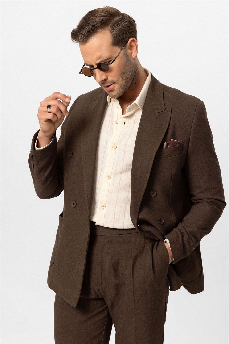Double-breasted Closure Linen Blend Mens Blazer Jacket