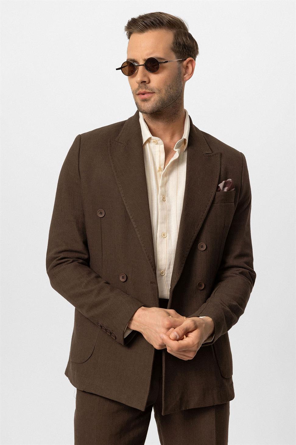 Double-breasted Closure Linen Blend Mens Blazer Jacket
