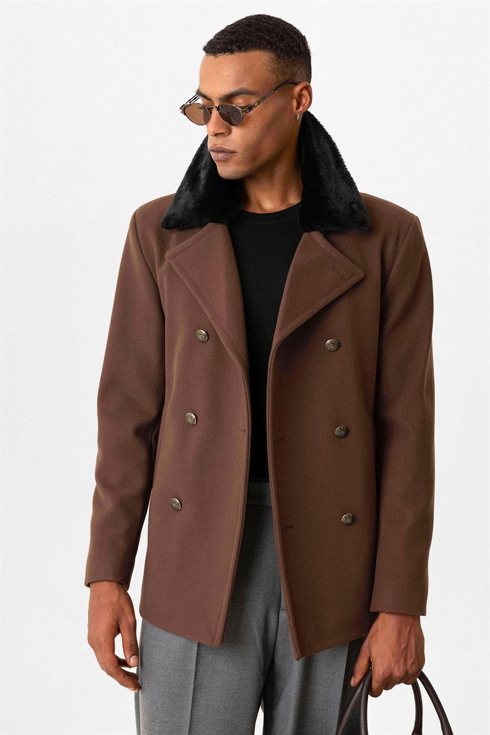 Antioch Kahve Kürk Yaka Kruvaze Kapama Erkek Kaban