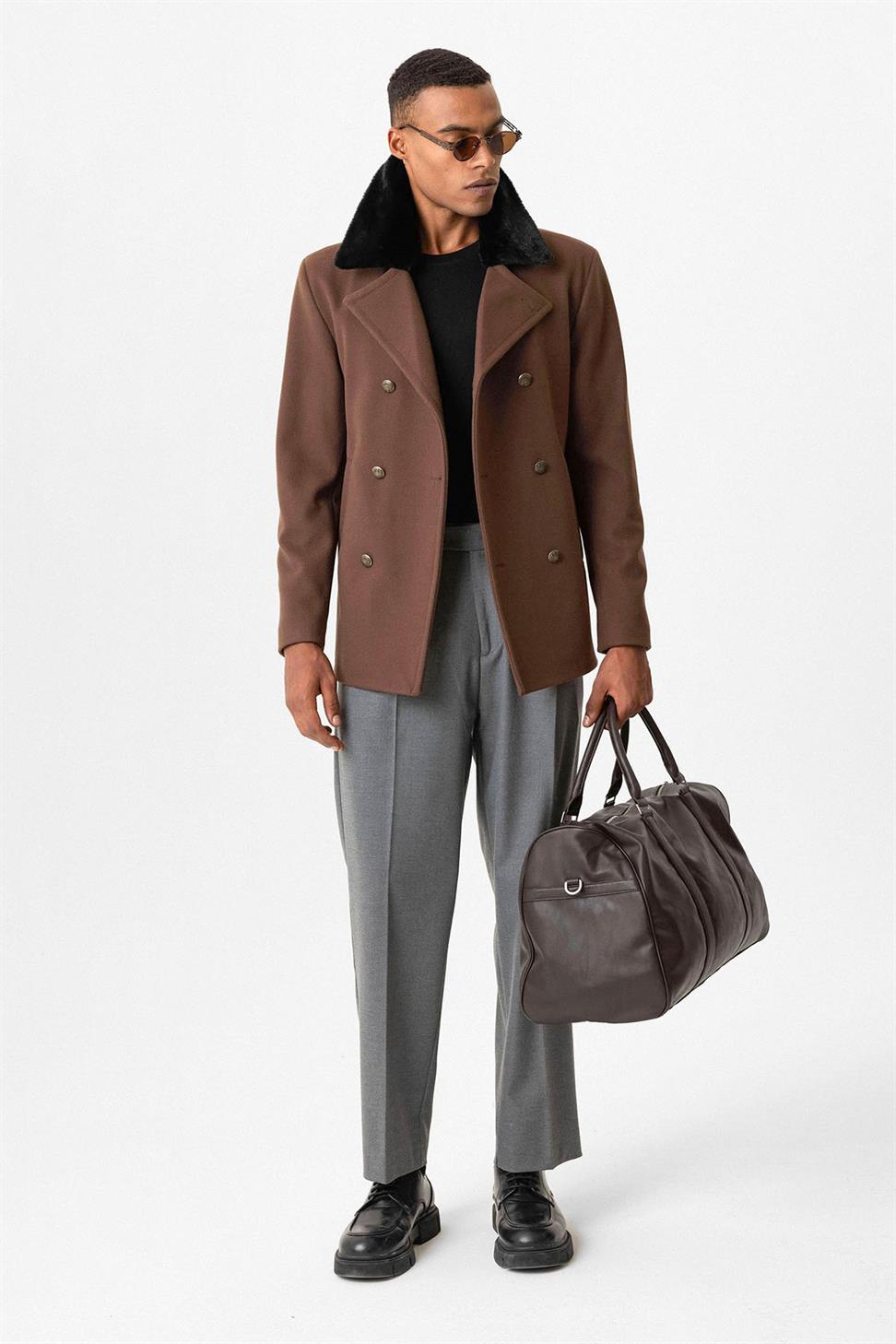 Antioch Kahve Kürk Yaka Kruvaze Kapama Erkek Kaban