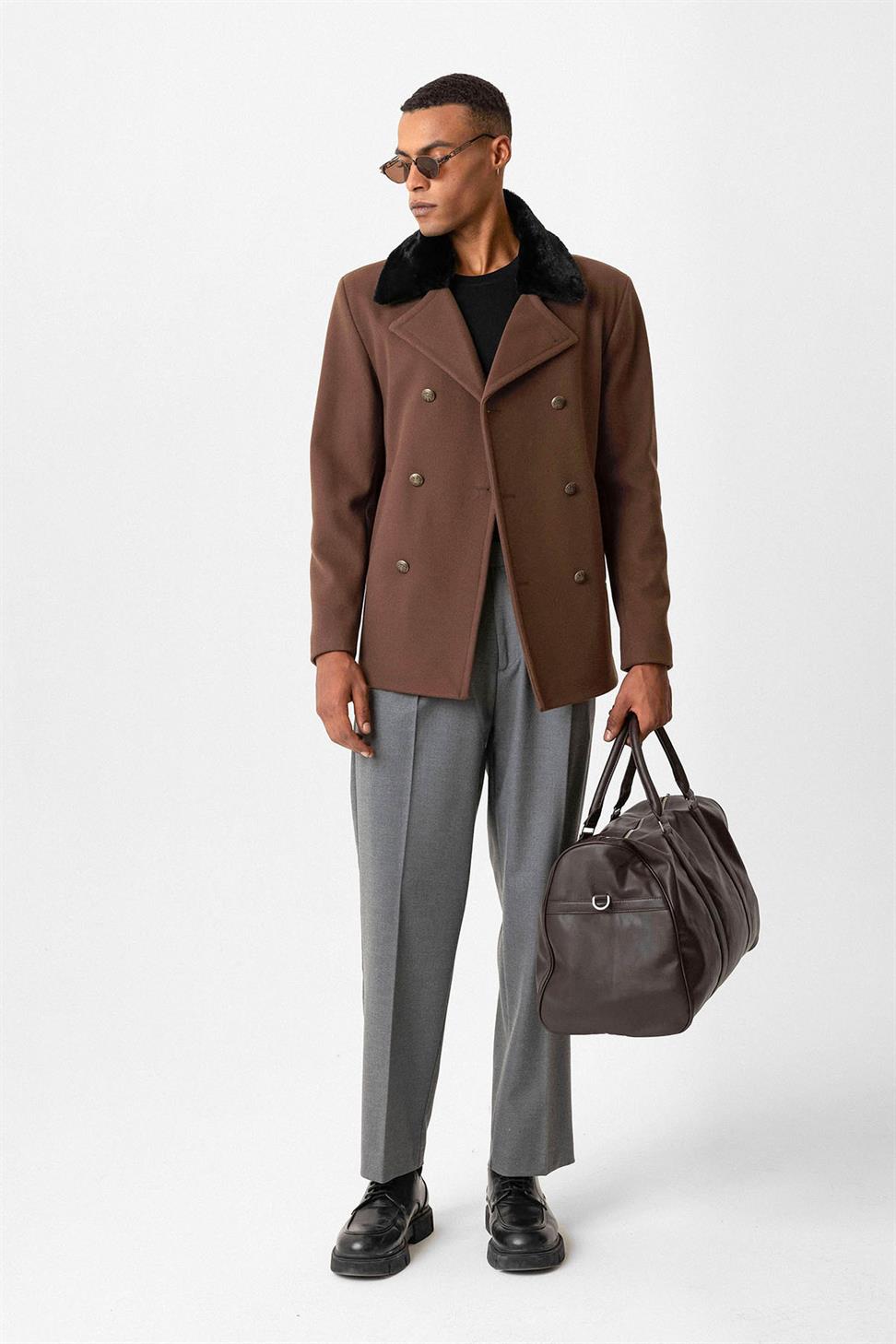 Antioch Kahve Kürk Yaka Kruvaze Kapama Erkek Kaban