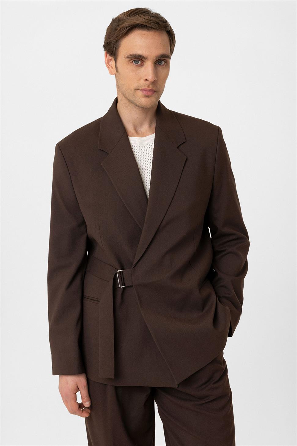 Antioch Kahve Kuşaklı Relax Fit Erkek Blazer Ceket