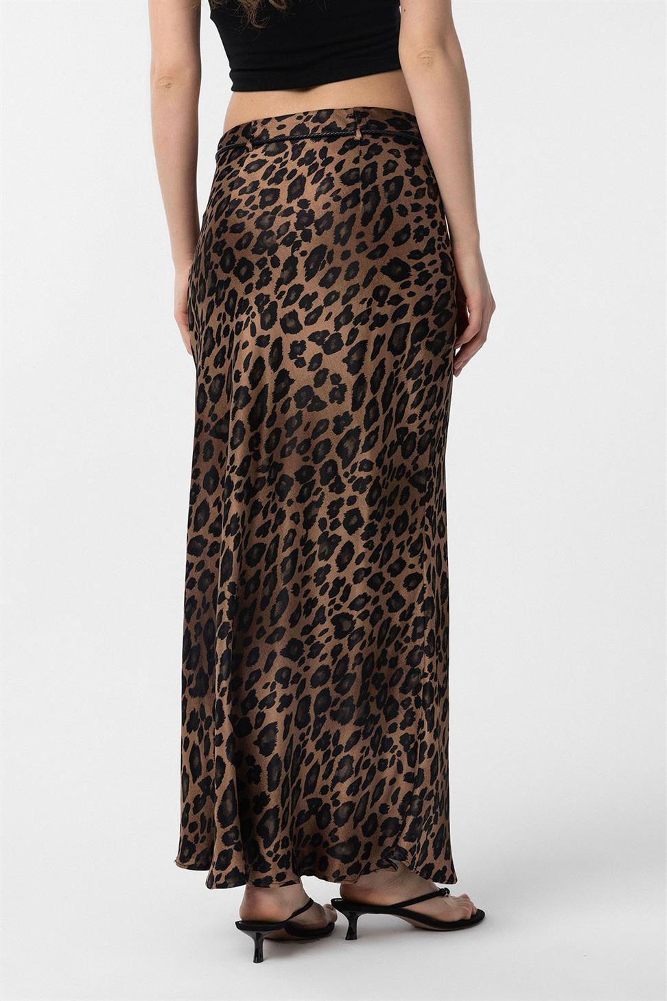 Antioch Kahve Leopar Desenli Kemerli Uzun Kadın Etek