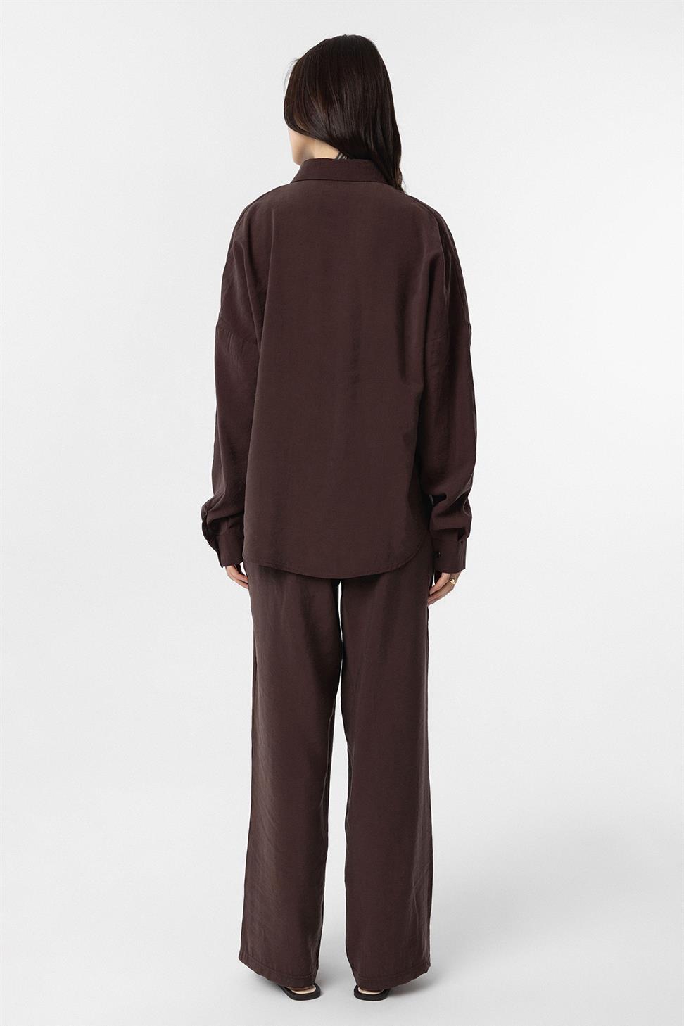 Antioch Kahve Modal Kadın Gömlek Pantolon Takım