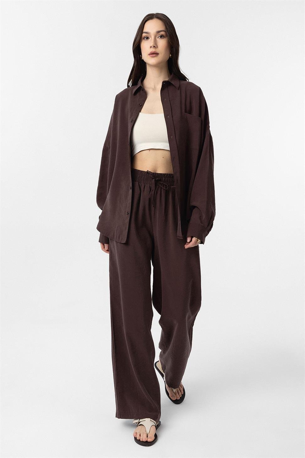 Antioch Kahve Modal Kadın Gömlek Pantolon Takım