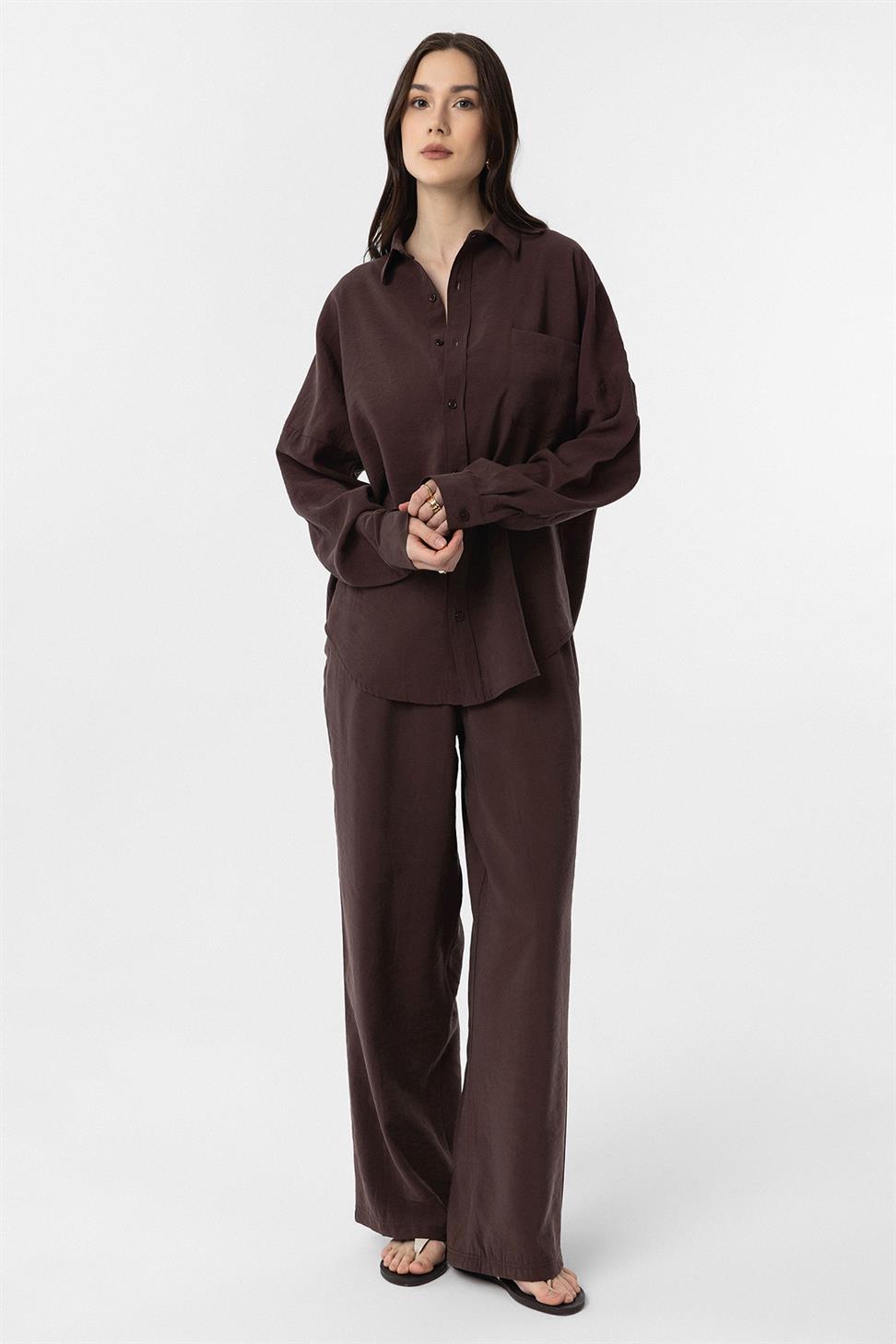 Antioch Kahve Modal Kadın Gömlek Pantolon Takım