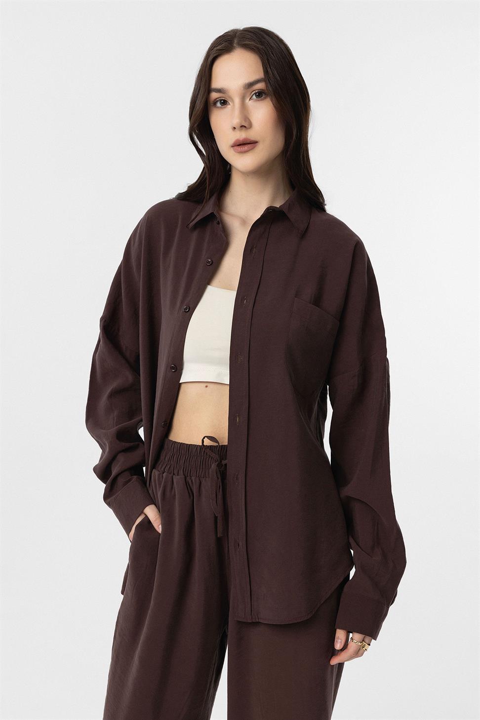 Antioch Kahve Modal Kadın Gömlek Pantolon Takım