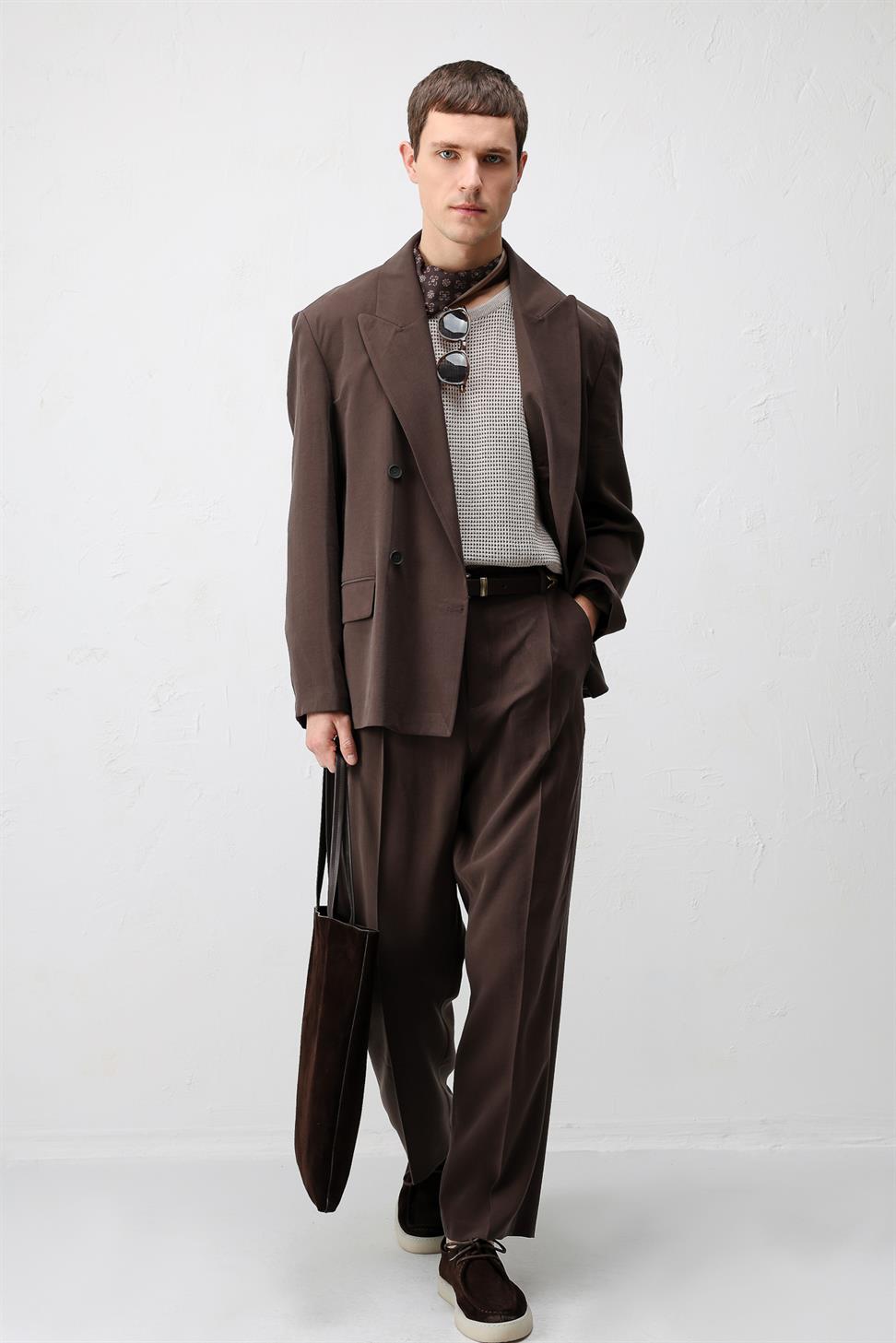 Antioch Kahve Modal Karışımlı Relaxed Fit Erkek Blazer Ceket