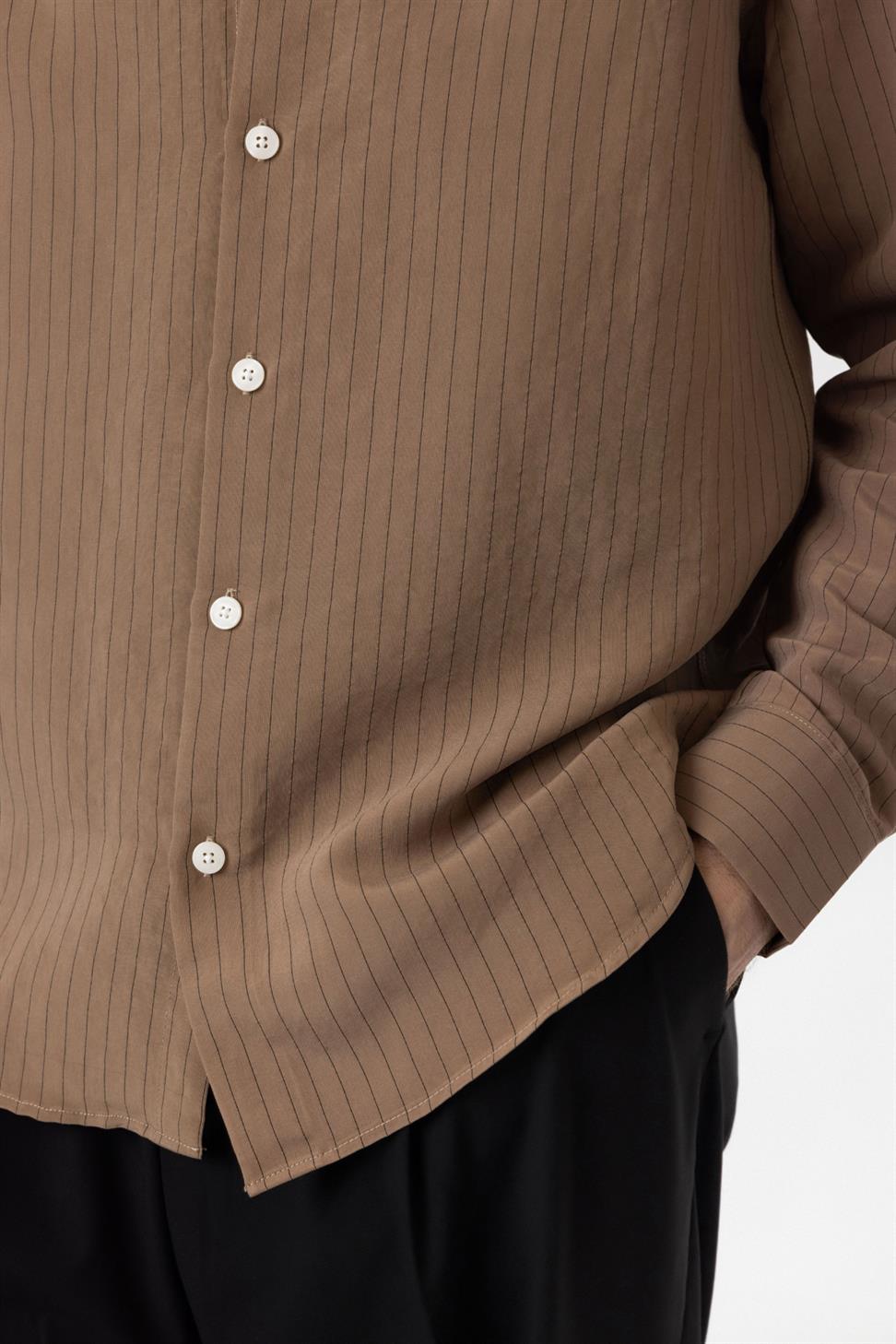 Antioch Kahve Modal Kumaş Relax Fit Çizgili Erkek Gömlek