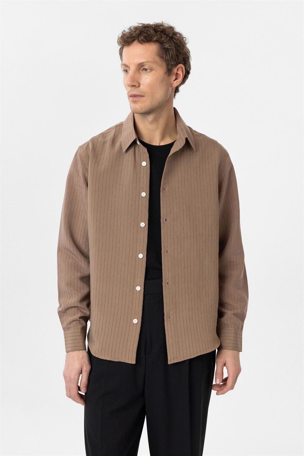 Antioch Kahve Modal Kumaş Relax Fit Çizgili Erkek Gömlek