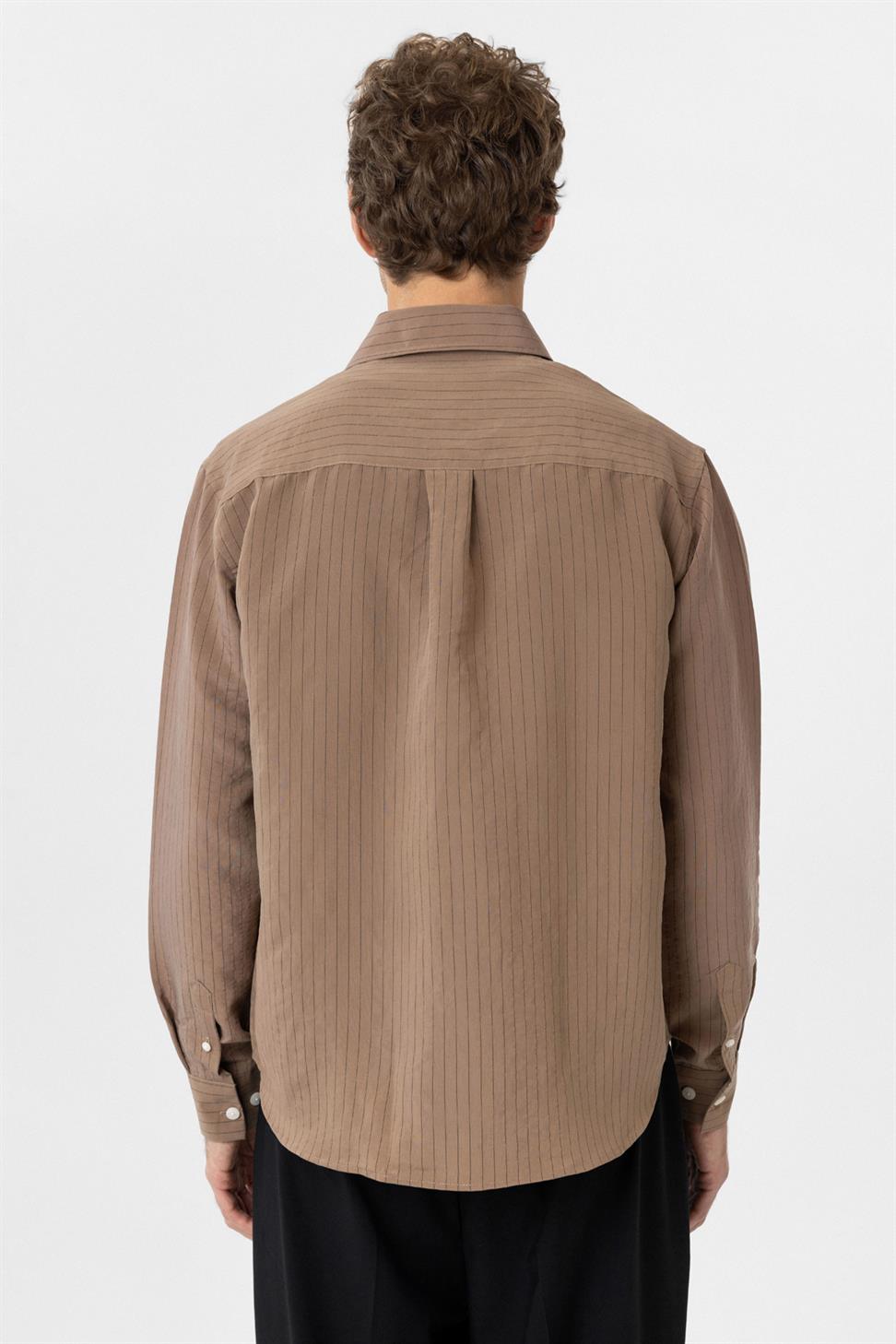 Antioch Kahve Modal Kumaş Relax Fit Çizgili Erkek Gömlek