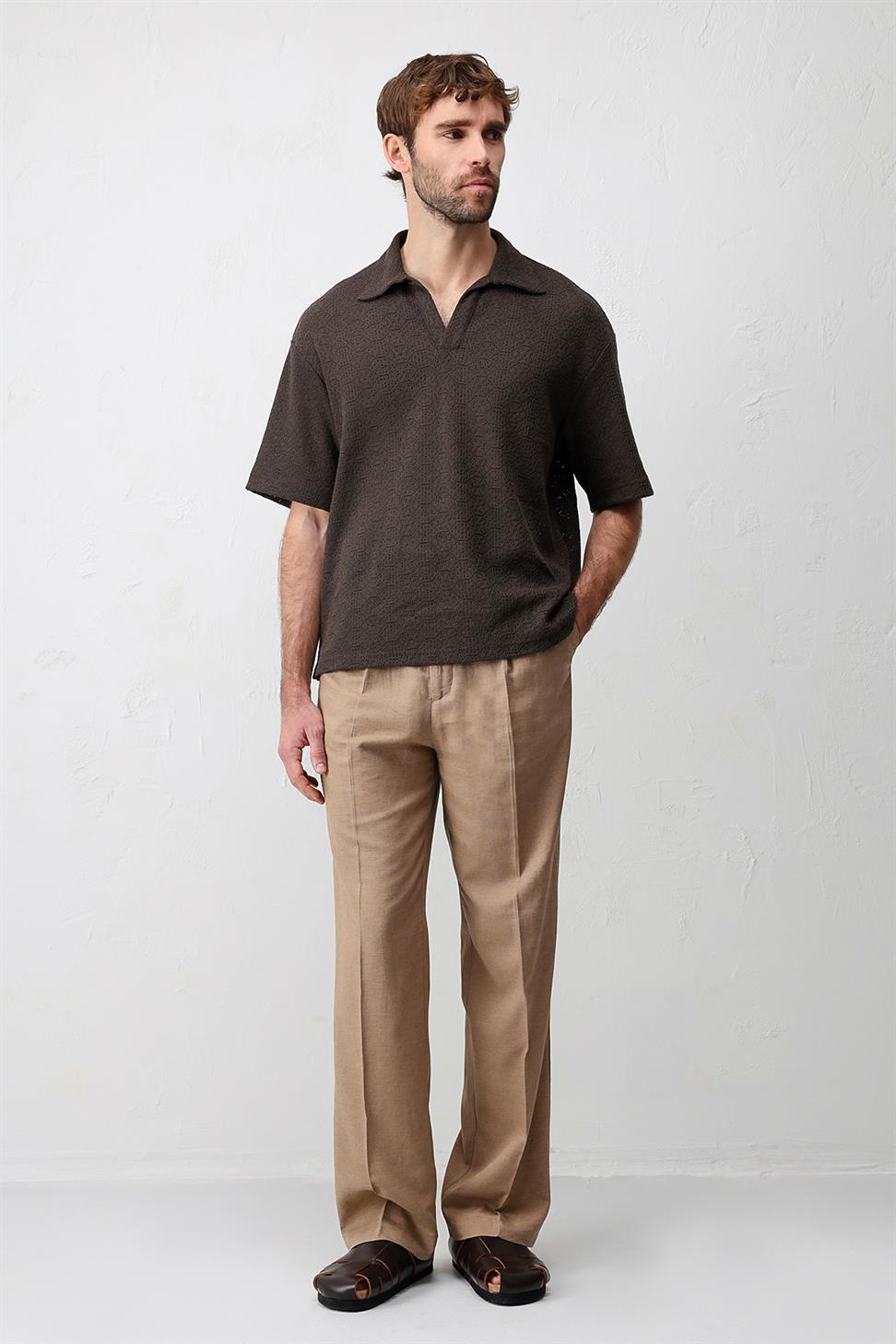 Antioch Kahve Örgü Dokulu Erkek T-Shirt