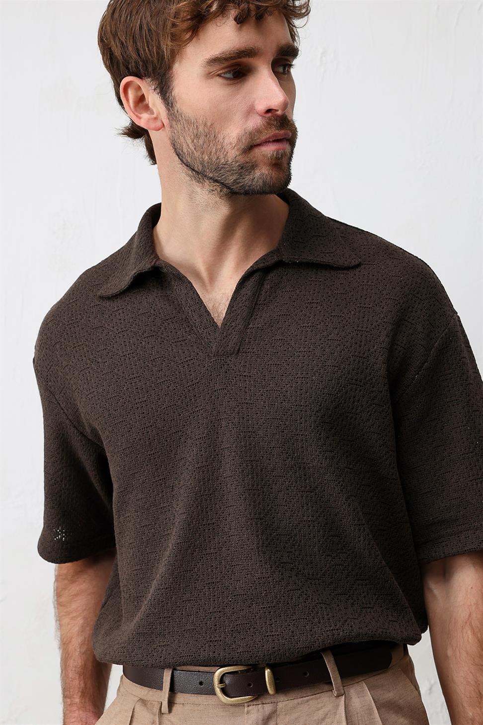 Antioch Kahve Örgü Dokulu Erkek T-Shirt