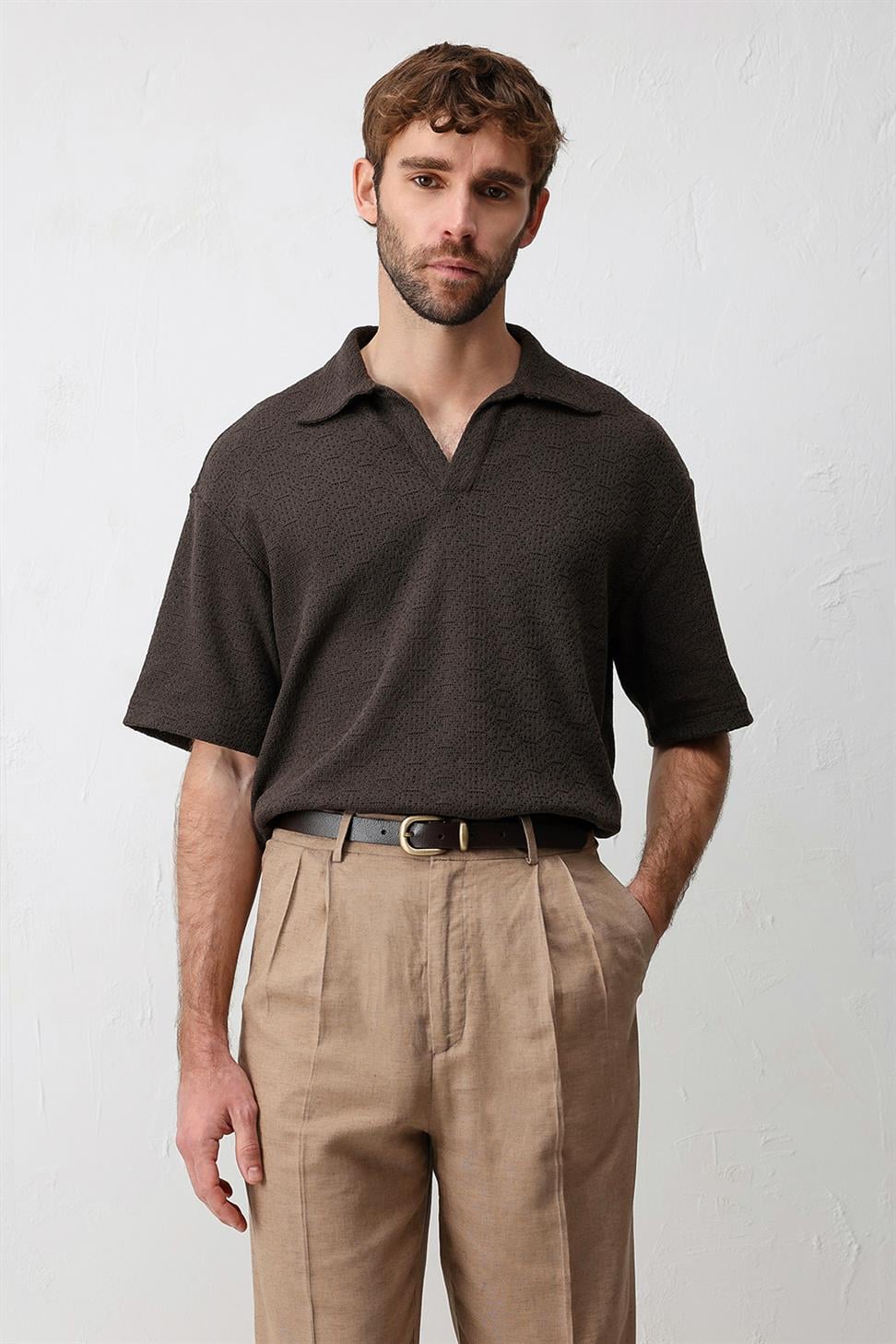 Antioch Kahve Örgü Dokulu Erkek T-Shirt