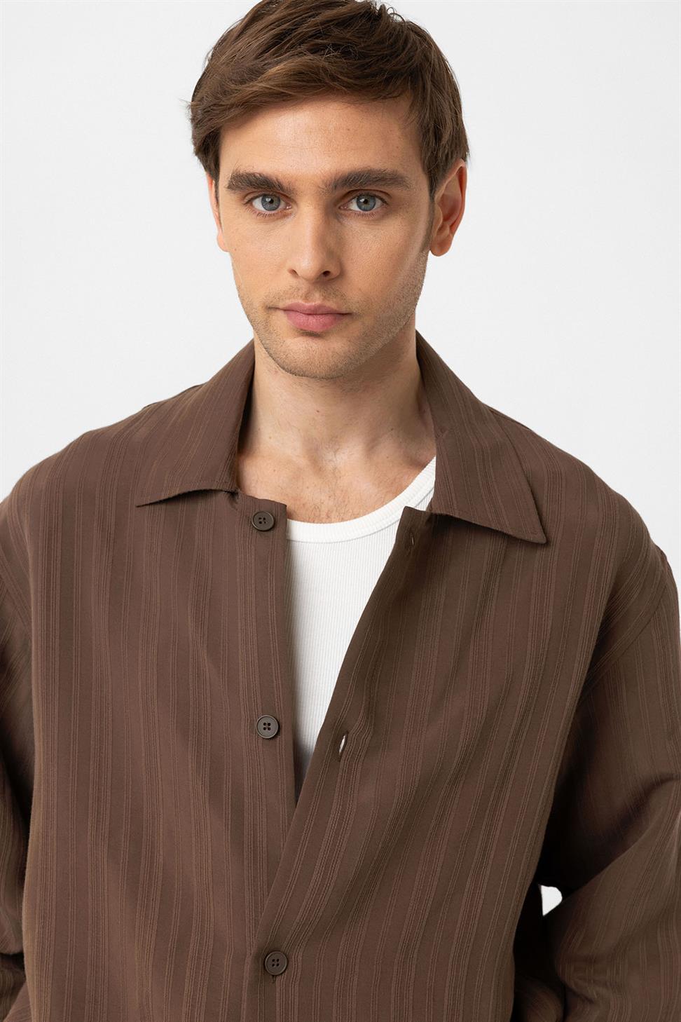 Antioch Kahve Oversize Dokulu Erkek Gömlek