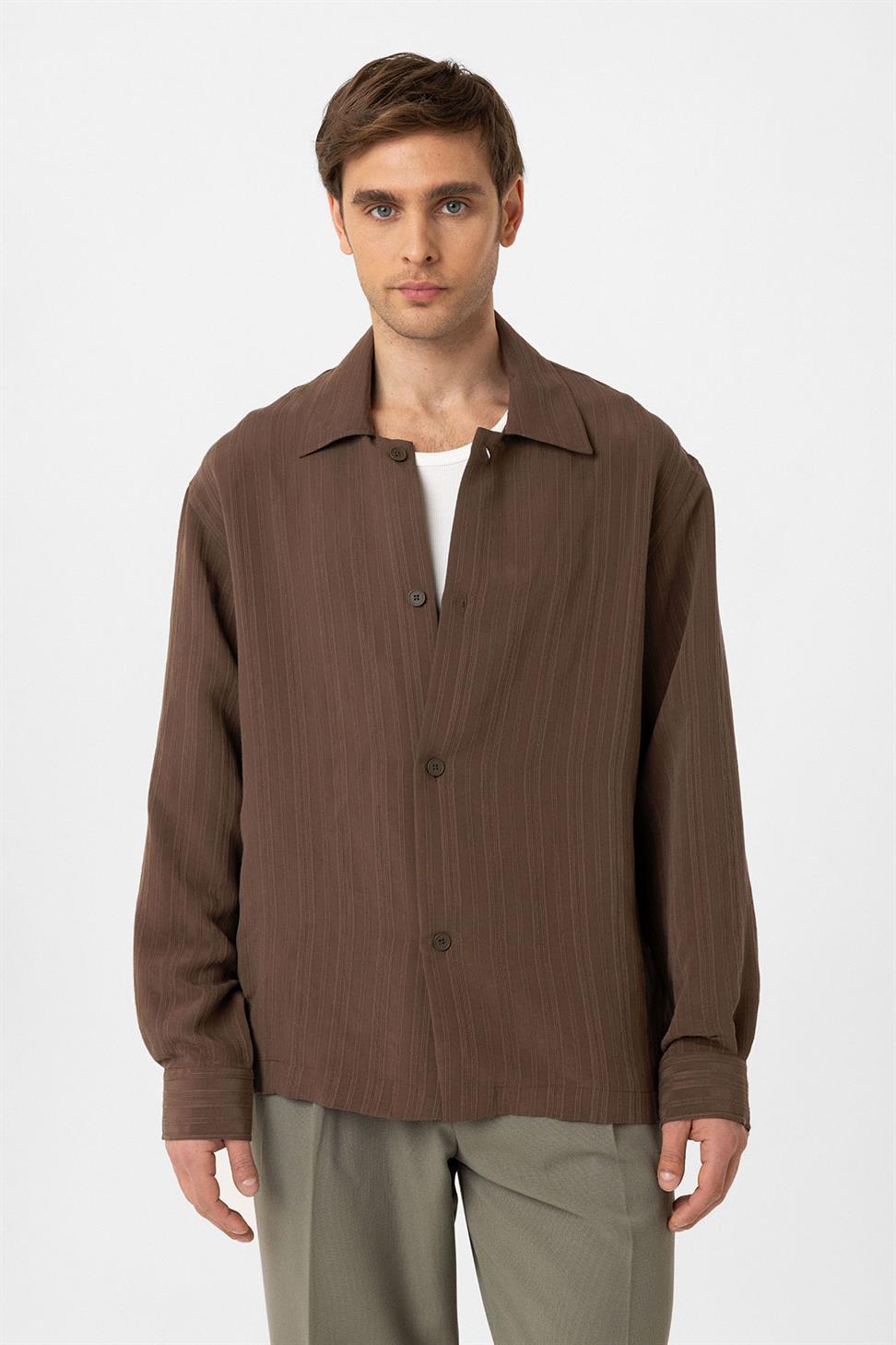 Antioch Kahve Oversize Dokulu Erkek Gömlek