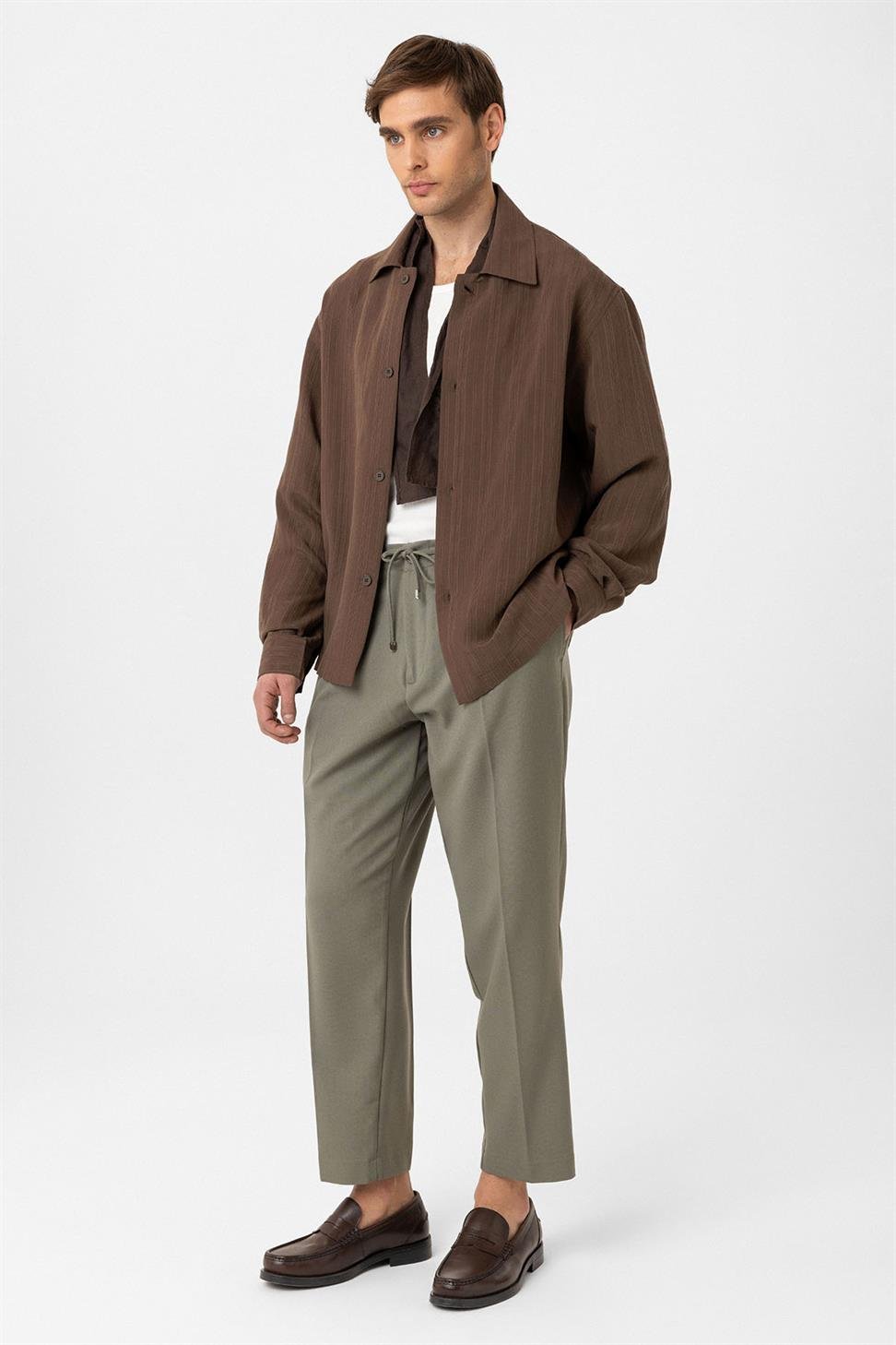 Antioch Kahve Oversize Dokulu Erkek Gömlek