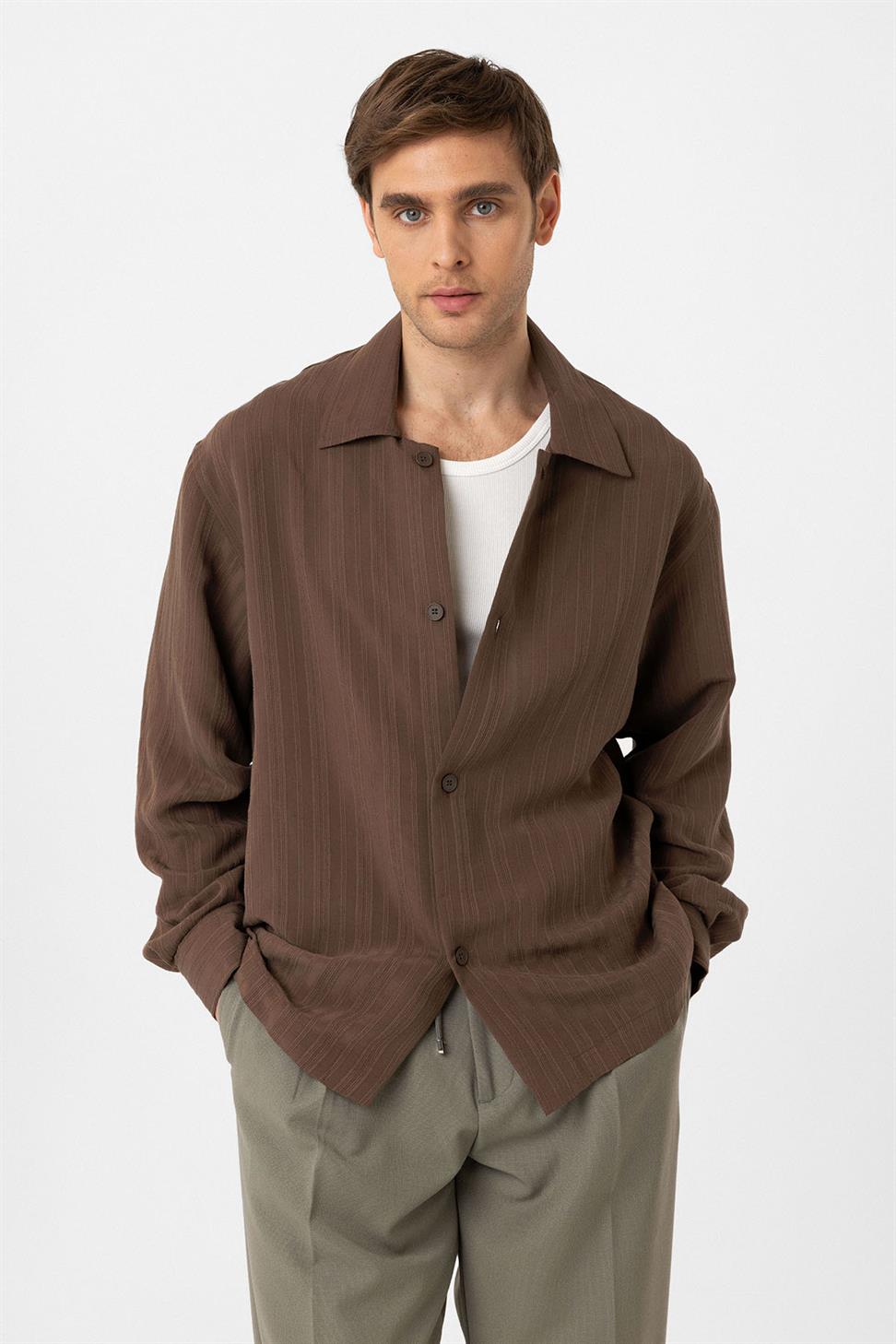 Antioch Kahve Oversize Dokulu Erkek Gömlek
