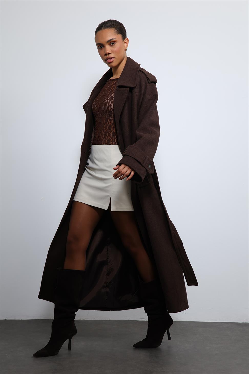 Antioch Kahve Oversize Kemerli Kaban