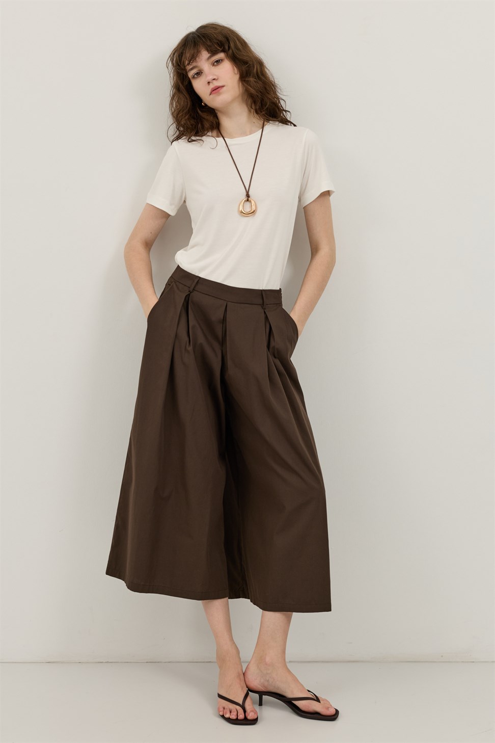 Antioch Kahve Pileli Culotte Pantolon