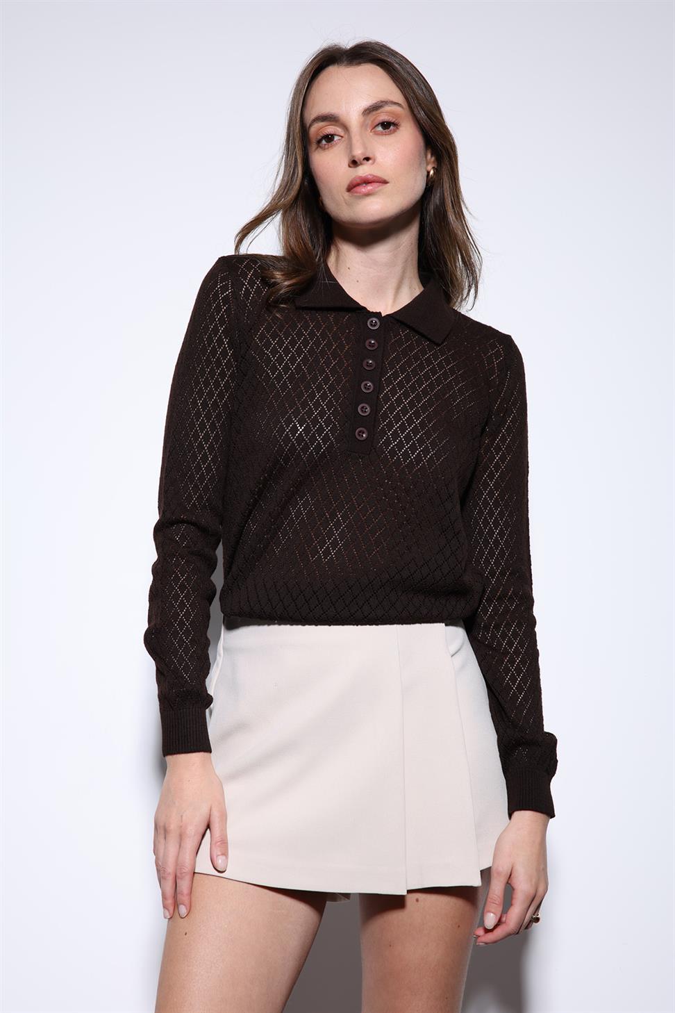 Antioch Kahve Polo Yaka Desenli Triko Kadın Kazak