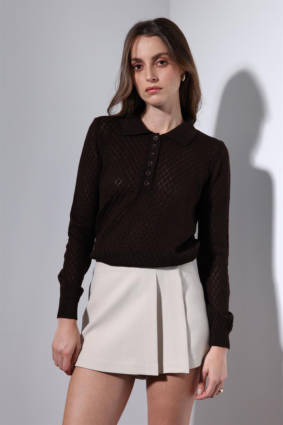 Antioch Kahve Polo Yaka Desenli Triko Kadın Kazak