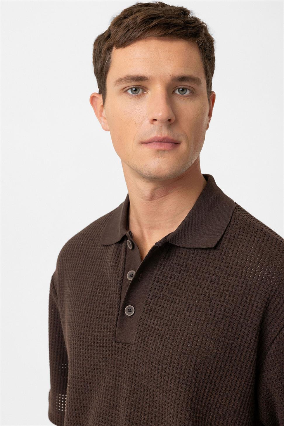 Antioch Kahve Polo Yaka Dokulu Relaxed Erkek T-Shirt