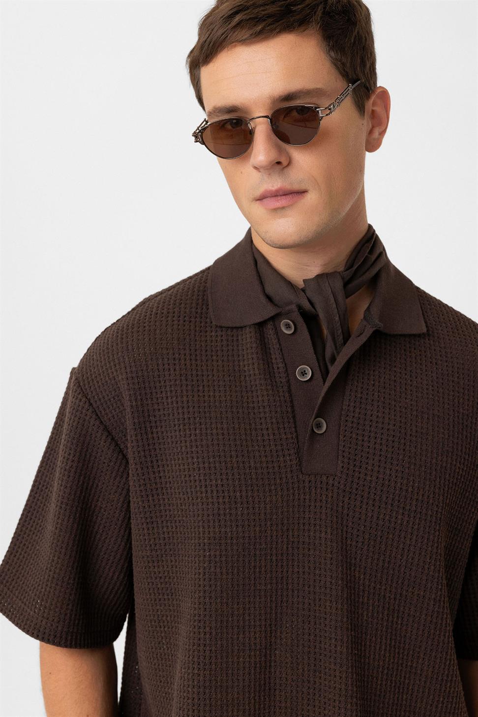 Antioch Kahve Polo Yaka Dokulu Relaxed Erkek T-Shirt