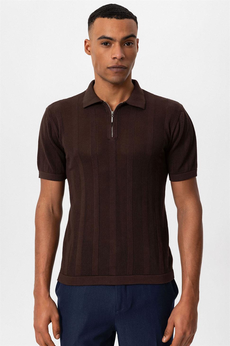 تي شيرت رجالي محبوك بياقة بولو بياقة بولو بسحاب