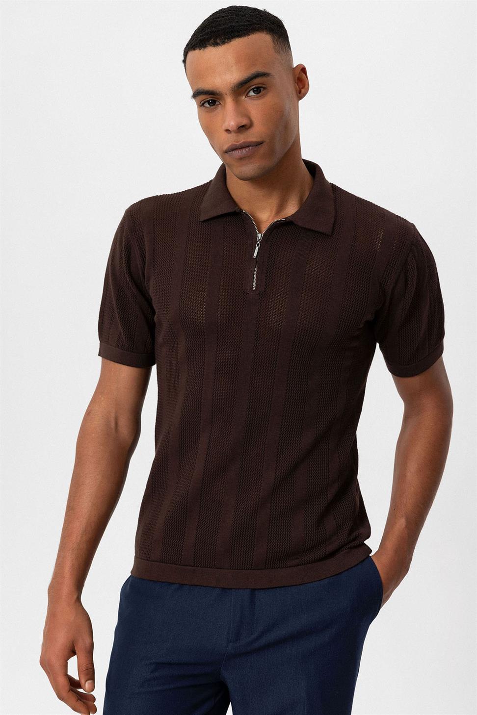 تي شيرت رجالي محبوك بياقة بولو بياقة بولو بسحاب