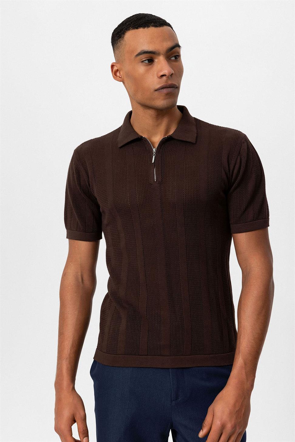 تي شيرت رجالي محبوك بياقة بولو بياقة بولو بسحاب