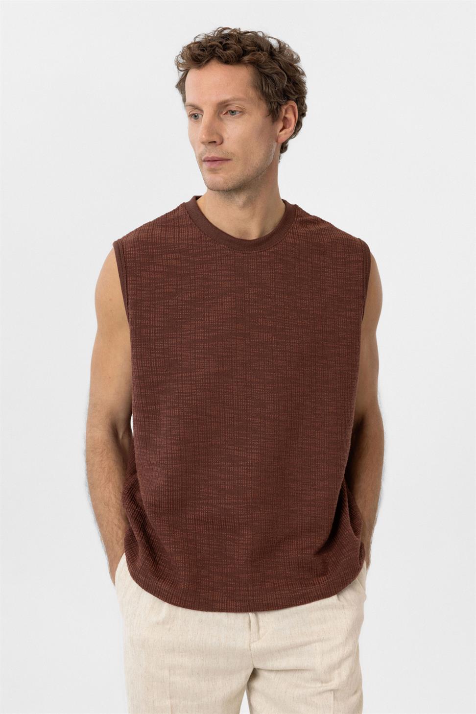 Antioch Kahve Regular Fit Dokulu Erkek Kolsuz T-Shirt