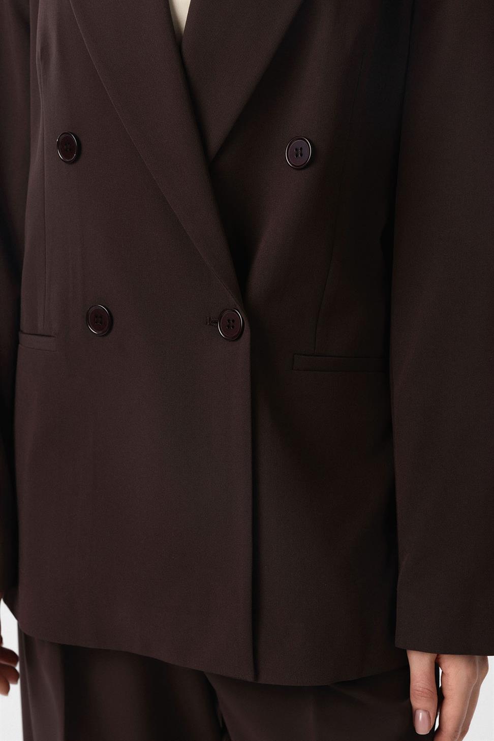 Antioch Kahve Regular Fit Kruvaze Kadın Blazer Ceket