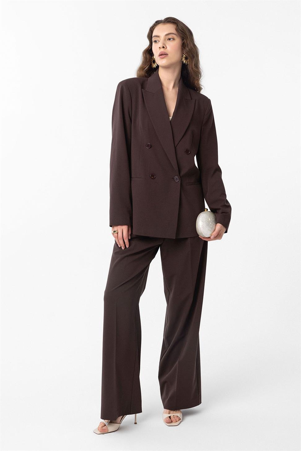 Antioch Kahve Regular Fit Kruvaze Kadın Blazer Ceket