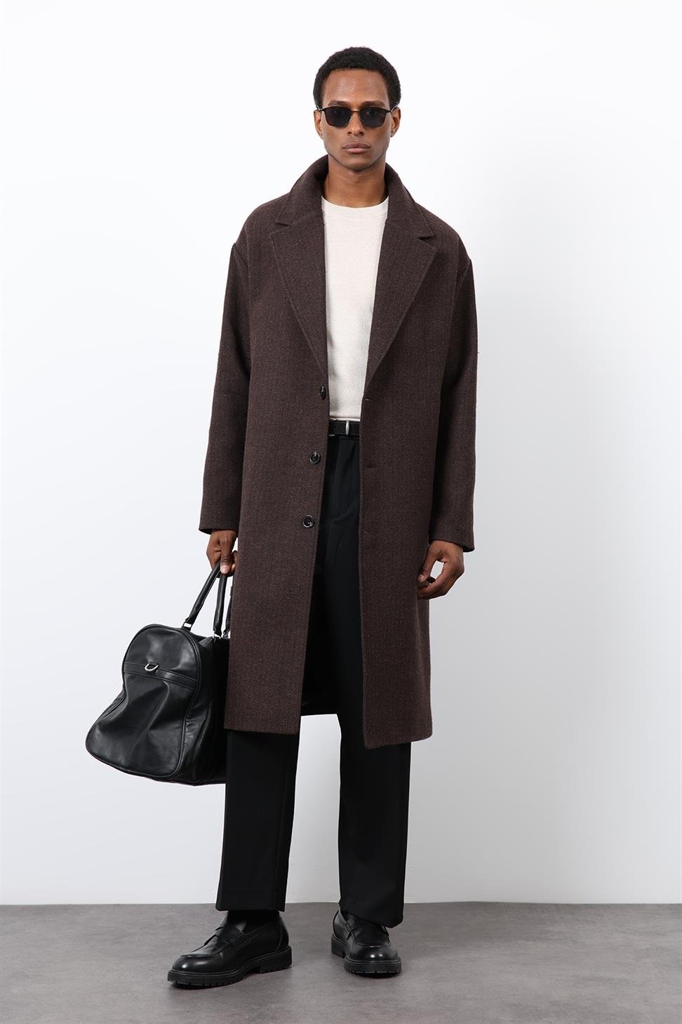 Antioch Kahve Relax Fit Balıksırtı Desenli Erkek Kaban