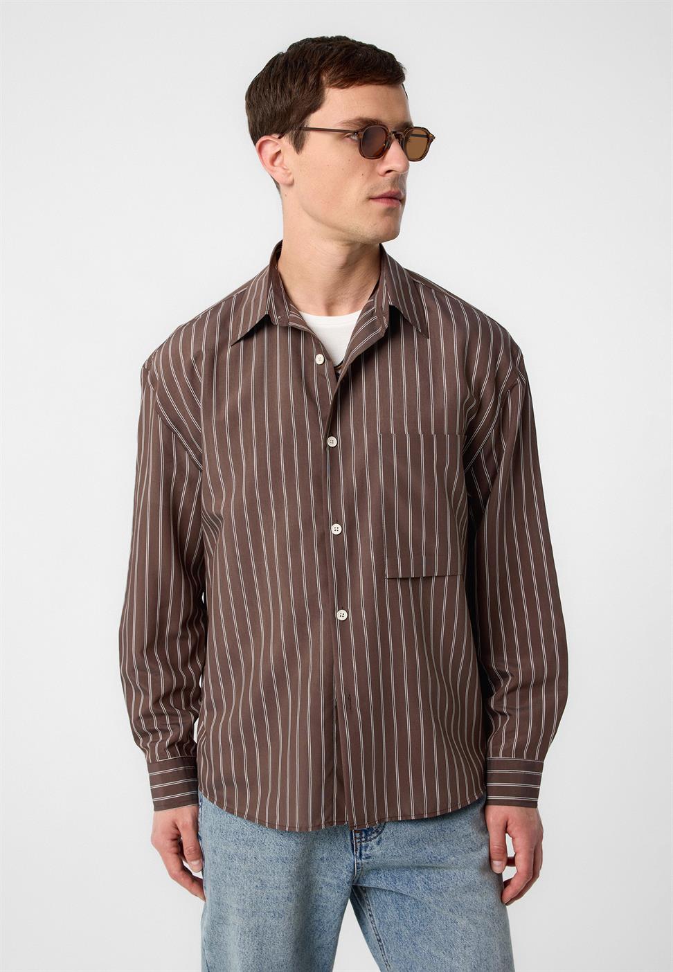 Antioch Kahve Relax Fit Çizgili Erkek Gömlek