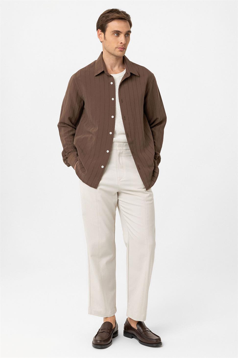 Antioch Kahve Relax Fit Çizgili Erkek Gömlek