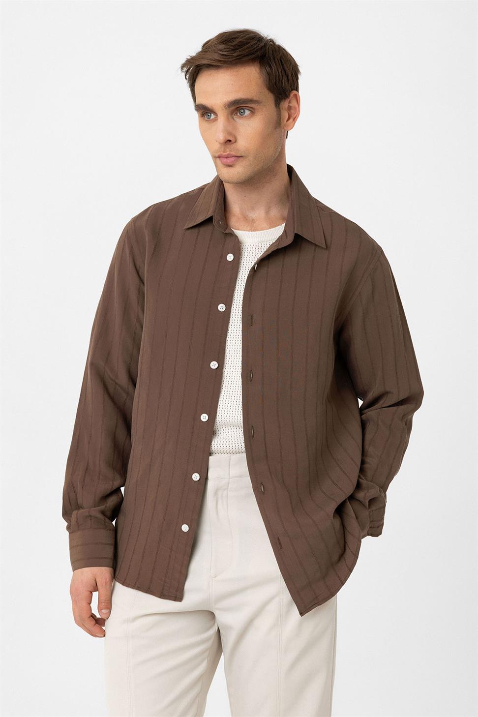 Antioch Kahve Relax Fit Çizgili Erkek Gömlek