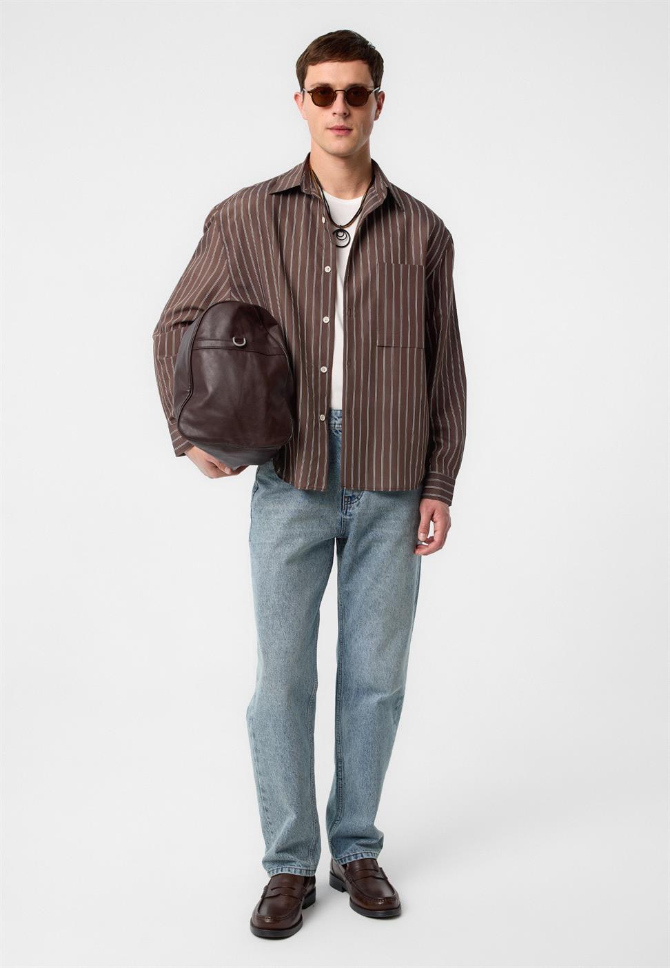 Antioch Kahve Relax Fit Çizgili Erkek Gömlek