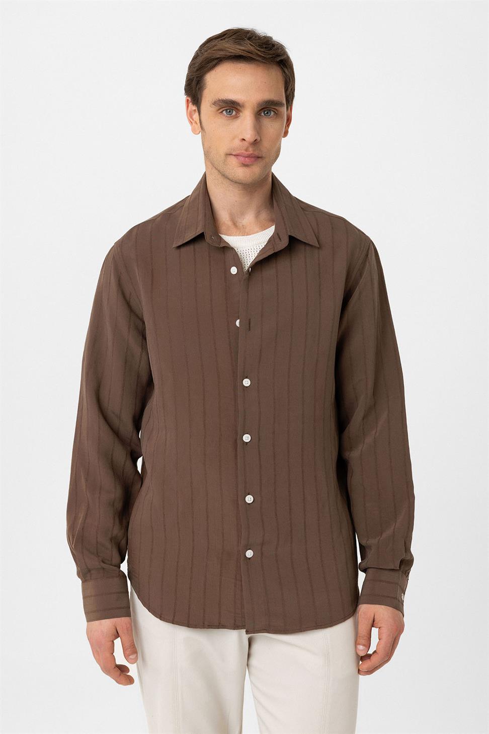 Antioch Kahve Relax Fit Çizgili Erkek Gömlek